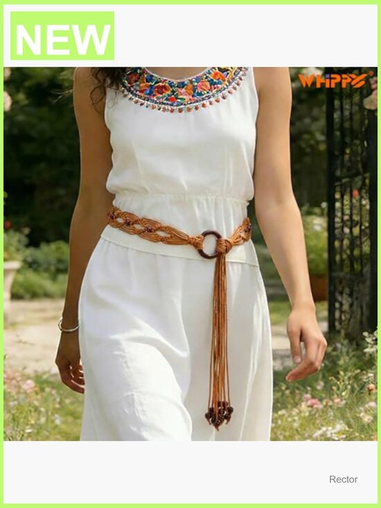 Boho Braided Waist Belt Hand-Woven Wax Rope Tassel Belt 2 inch Wide main image 7
